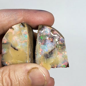 Könnte beinhalten: Zwei Stücke roher Opal, eines mit einer irisierenden Oberfläche und das andere mit einer undurchsichtigen Oberfläche. Beide Stücke sind in eine dunkelbraune Matrix eingebettet.
