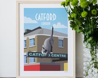 Catford Cat Sign, SE6, South London Illustrations, Travel Print, House Warming Gift, Gift for Friend, London Posters, New Home Wall Art, Fun