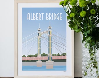 Albert Bridge Poster, London Art, Battersea & Chelsea, Travel Art Print, House Warming Gift, London Gift, Colourful Posters, Bridge Art