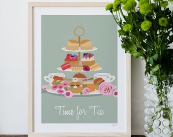 Afternoon Tea Wall Art, Colourful Kitchen Print, Time for Tea, Dining Room Artwork, Cuppa Tea Art, Kitchen Quote Print, Nice Wall Decor