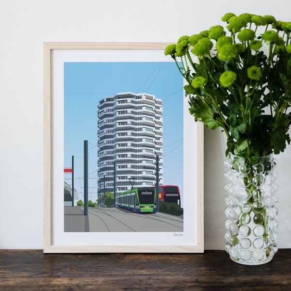 No. 1 Croydon, 50p Building, Croydon, South London, TFL, Bus, Trams, Travel Prints, Illustration, Print, Poster, A4, A3, A2, A1, Unframed