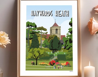Haywards Heath Print, St Wilfrid's Church, Victoria Park, West Sussex, Travel Posters, Digital Illustration, House Warming Gift, A4, A3, A2