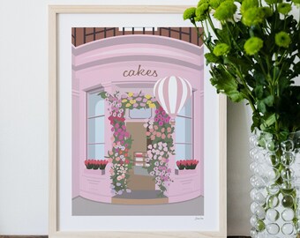 Pink Cake Shop Art Print, Cute Wall Art, Belgravia, Pretty Bakery Wall Decor, London Poster, Housewarming Gift, Floral Print, Gift for her