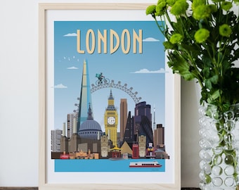London Landmarks Collage Art Print, Skyline, London Attractions, Big Ben, The Shard, City Art, Illustration, Poster, A4, A3, A2, Unframed
