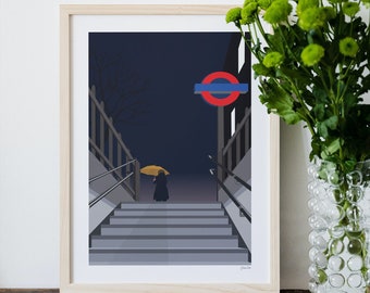 London Underground, St Pauls, Night, Evening, Rain, The Tube, London, Transport, Subway, Art, Illustration, Print, Poster, A4, A3, A2, A1,