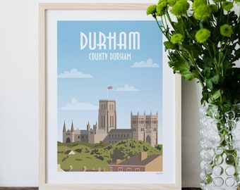 Durham Travel Print, Durham Cathedral, County Durham Wall Art, Travel Posters, North East England Wall Decor, Digital Illustration, Art Deco