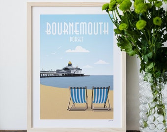 Bournemouth Pier, Dorset, Beach Print, Deck Chairs, Travel Poster, Seaside Wall Decor, British Seaside Wall Art, UK, England Travel Print