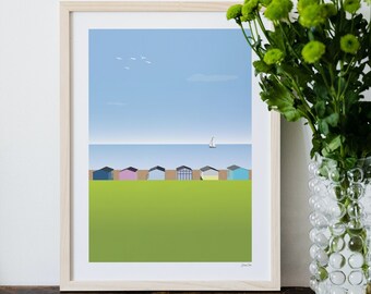 Beach Huts Wall Art, Coastal Poster, Colourful Beach Huts, Sailboat, Tankerton Slopes, Sea Artwork, Summer Prints, Seaside Art, Bathroom Art