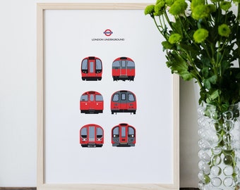 London Underground Trains, Tube, Rolling Stock, TFL, Train, London Art, Illustration, Print, London Travel Posters, A4, A3, A2, A1, Unframed
