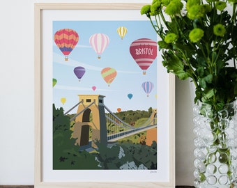 Bristol Clifton Suspension Bridge Poster, Travel Art Print, Hot Air Balloons, Bristol Wall Art, Colourful Posters, Somerset Illustrations
