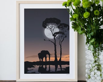 Safari Art Print, Elephant Wall Art, Serengeti Wall Decor, Africa Travel Print, Night Safari, Animal Prints, African Savannah, Moon Art