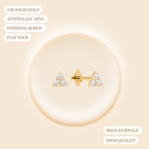 May include: A pair of 14K solid gold earrings with Australian opal stones. Each earring features a cluster of three opals. The earrings have an internal screw and a flat back. The text "SOLD AS SINGLE" and "HIGH QUALITY" is also visible.