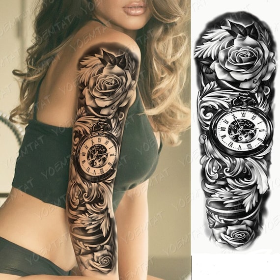 Flower Rose Full Arm Temporary Tattoo Clock Waterproof Eyes - Etsy Ireland Flower Rose Full Arm Temporary Tattoo Clock Waterproof Eyes - Etsy Ireland