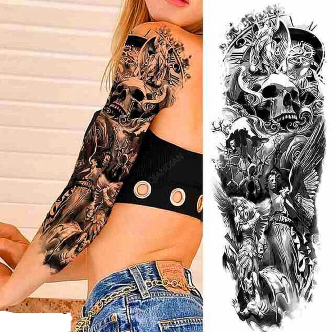Full Sleeve Temporary Tattoos Arm Tattoo Skull Tattoos Floral Etsy