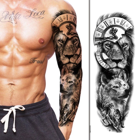 Men Women Sleeve Arm waterproof Temporary Wolf & Lion Tattoo Stickers  US Seller