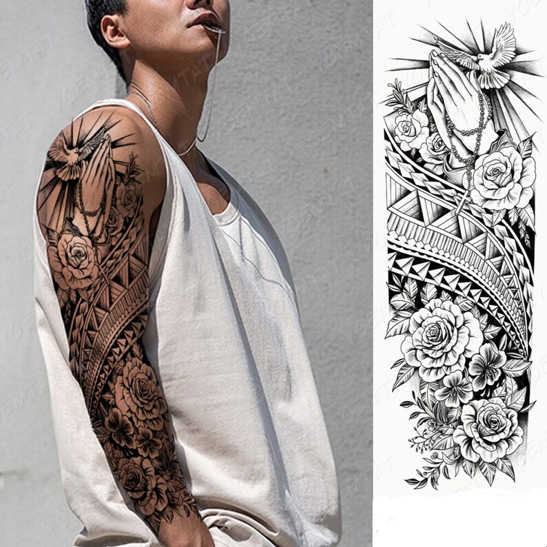 Full Arm Sleeve Temporary Tattoo Angel Wings Praying Hands Etsy
