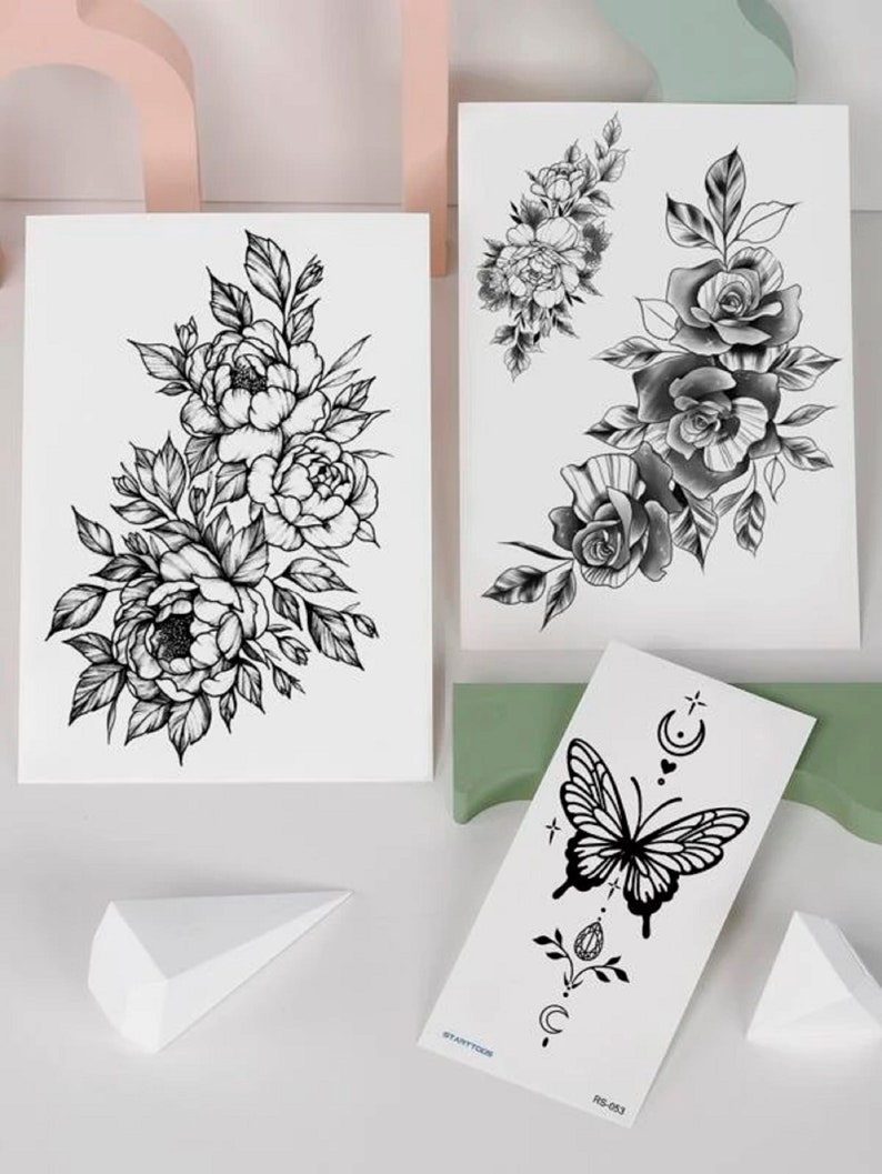 3 Sheet Sleeve Temporary Tattoos Arm Rose Flower Floral Etsy