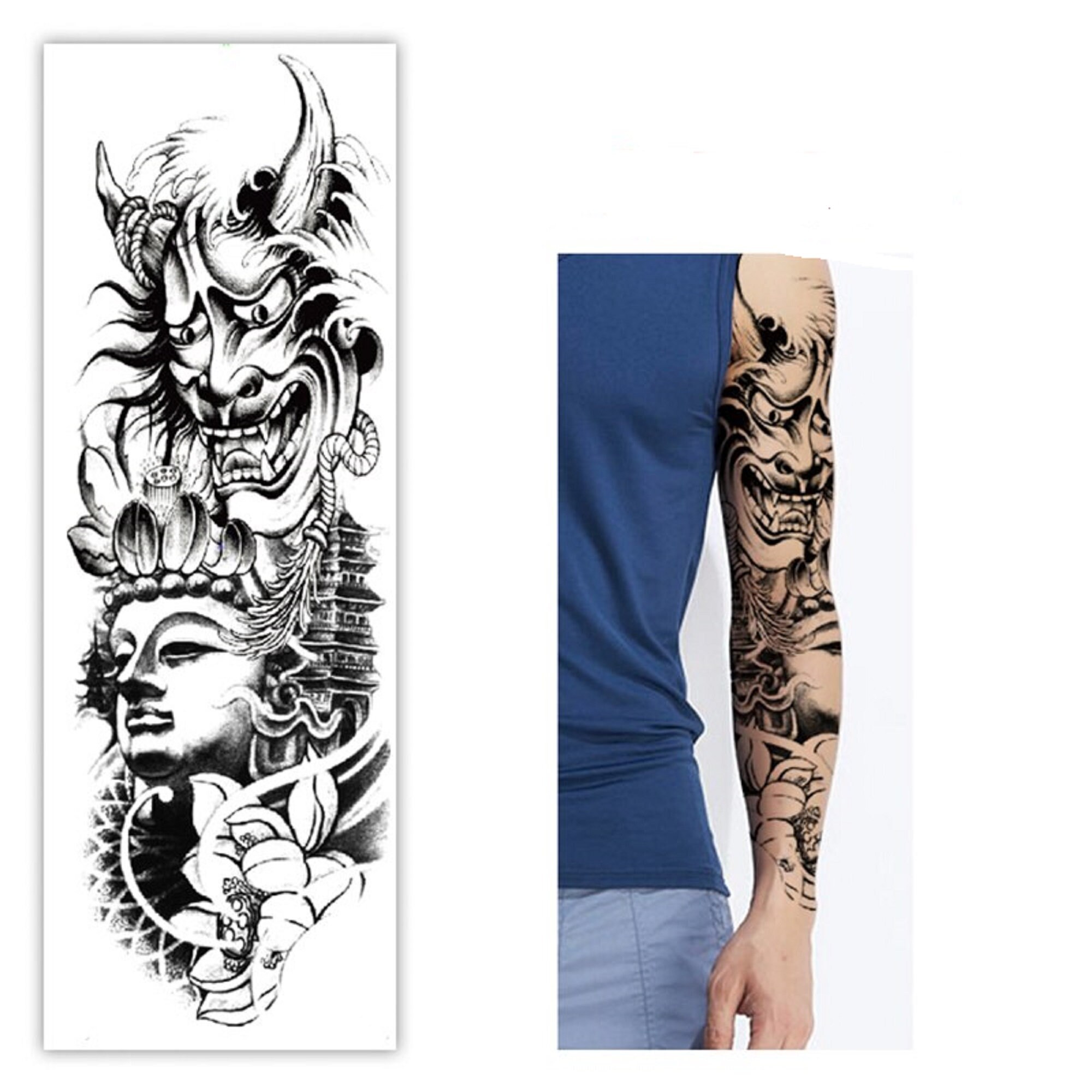 Buddha Devil Full Sleeve Temporary Tattoos Arm Floral Style Etsy