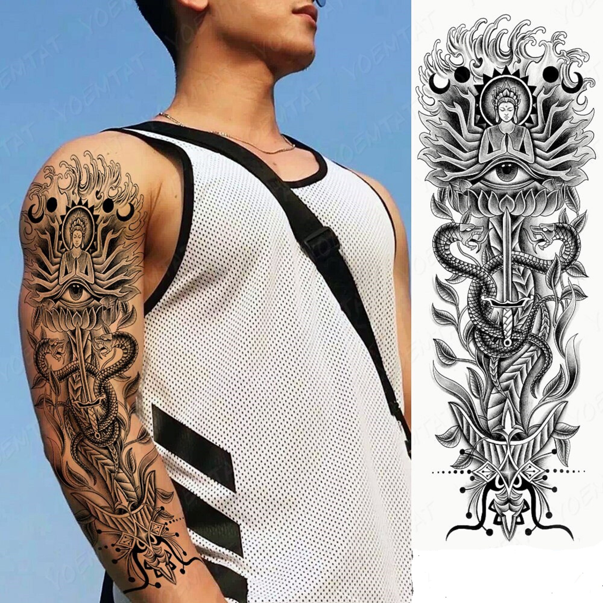 Full Sleeve Tribal Temporary Tattoos Arm Tattoo Buddha Etsy