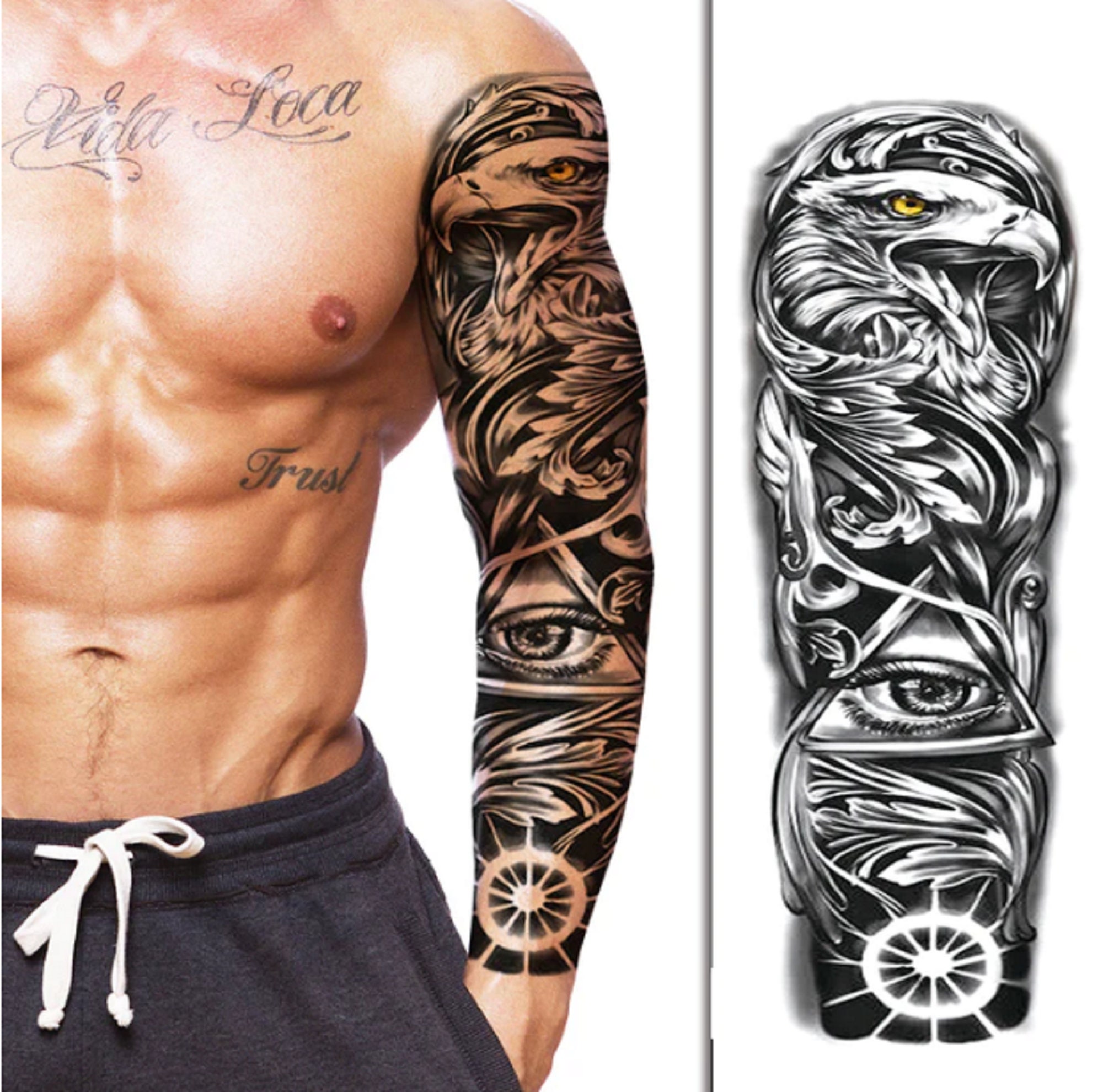 Full Sleeve Temporary Tattoo Tribal Eagle Eye Egyptian Arm Tattoo Art ...