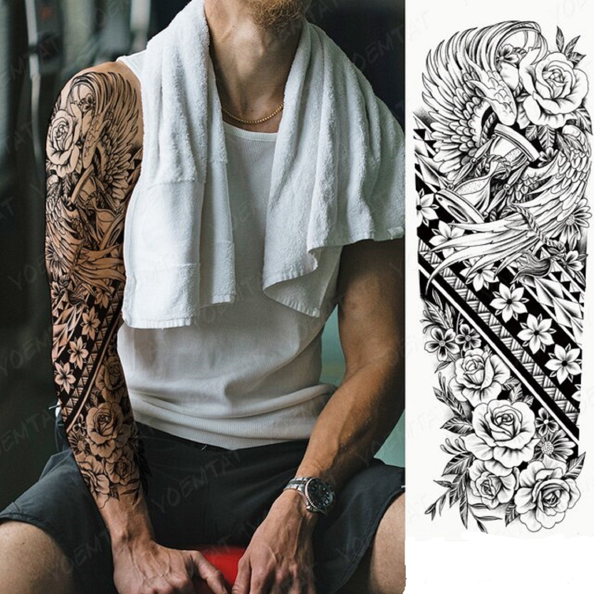 Full Arm Temporary Tattoo Angel Wings Rose Tattoo Waterproof - Etsy Sweden