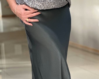 Made in Italy Dark Grey Colour Waistband Satin Skirt, A Line Skirt