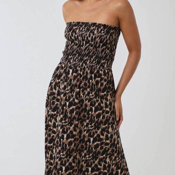 Made in Italy Bandeau Bandeau Animal Robe Maxi Froncée Robe d'été