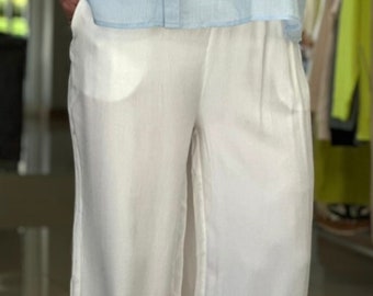 Made in Italy White Twill Palazzo Pant, Trouser, Wide Leg Trouser