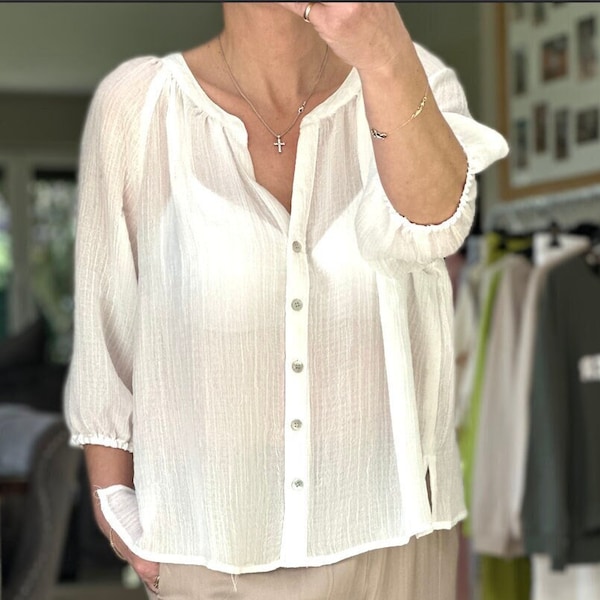 Made in Italy Cream Textured Pleat Gathered Neck Blouse, Blouse, Top, Shirt