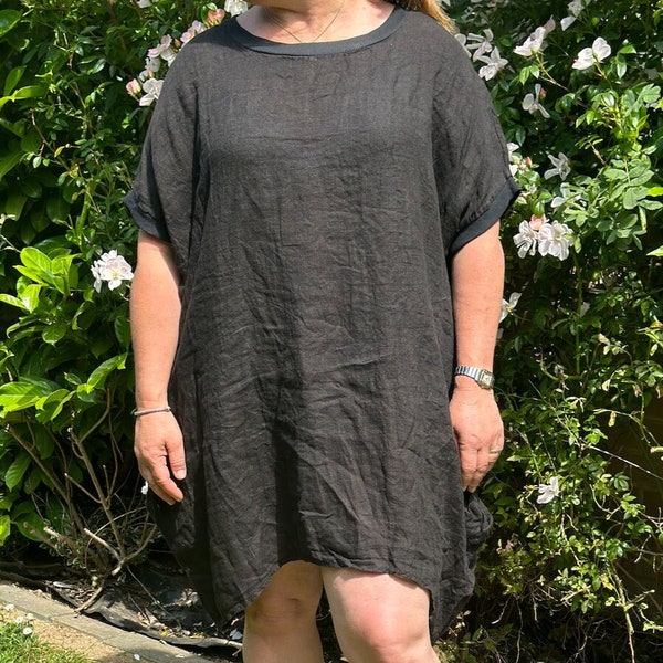 Curve Made in Italy Black Lagenlook Linen Plain Baggy Tunic Top, Dress