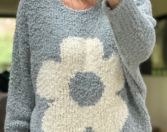 Made in Italy Pale Blue Wool Blend Daisy Boucle Super Soft Knit Jumper, Pullover, Sweatshirt