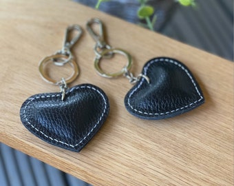 Leather Heart Black Keyring/Fob for Bag or Keys, Genuine Textured Leather,