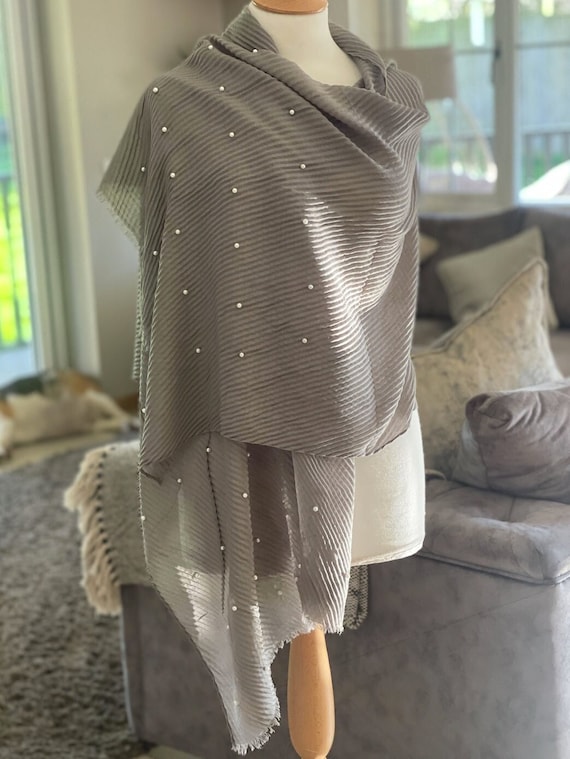 Zelly Grey Waffle Pearl Scarf Pashmina Embellished Scarf