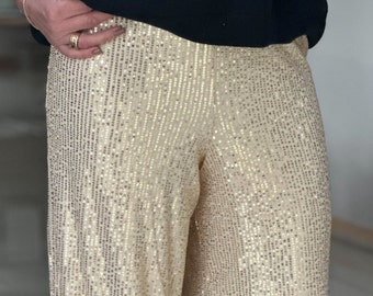 Gold Sequin Wide Leg Trousers, Trousers, Sparkly Trouser