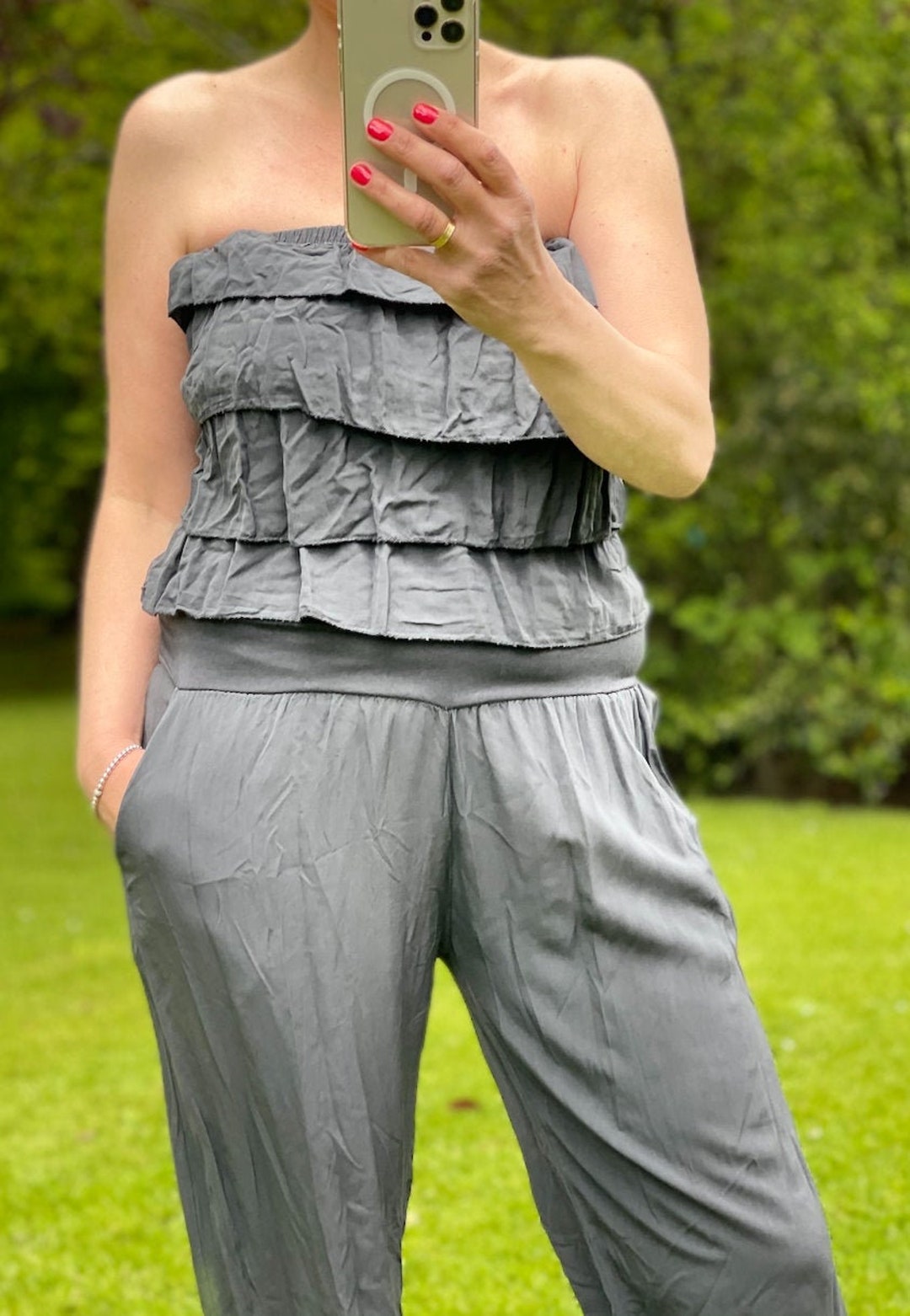 Made in Italy Ruffle Grey Strapless Jumpsuit -  Canada