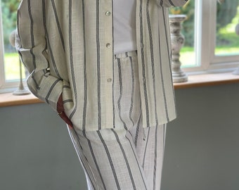 Made in Italy Cream and Navy Stripe Linen Pinstripe Palazzo Pant, Trouser, Linen Trouser