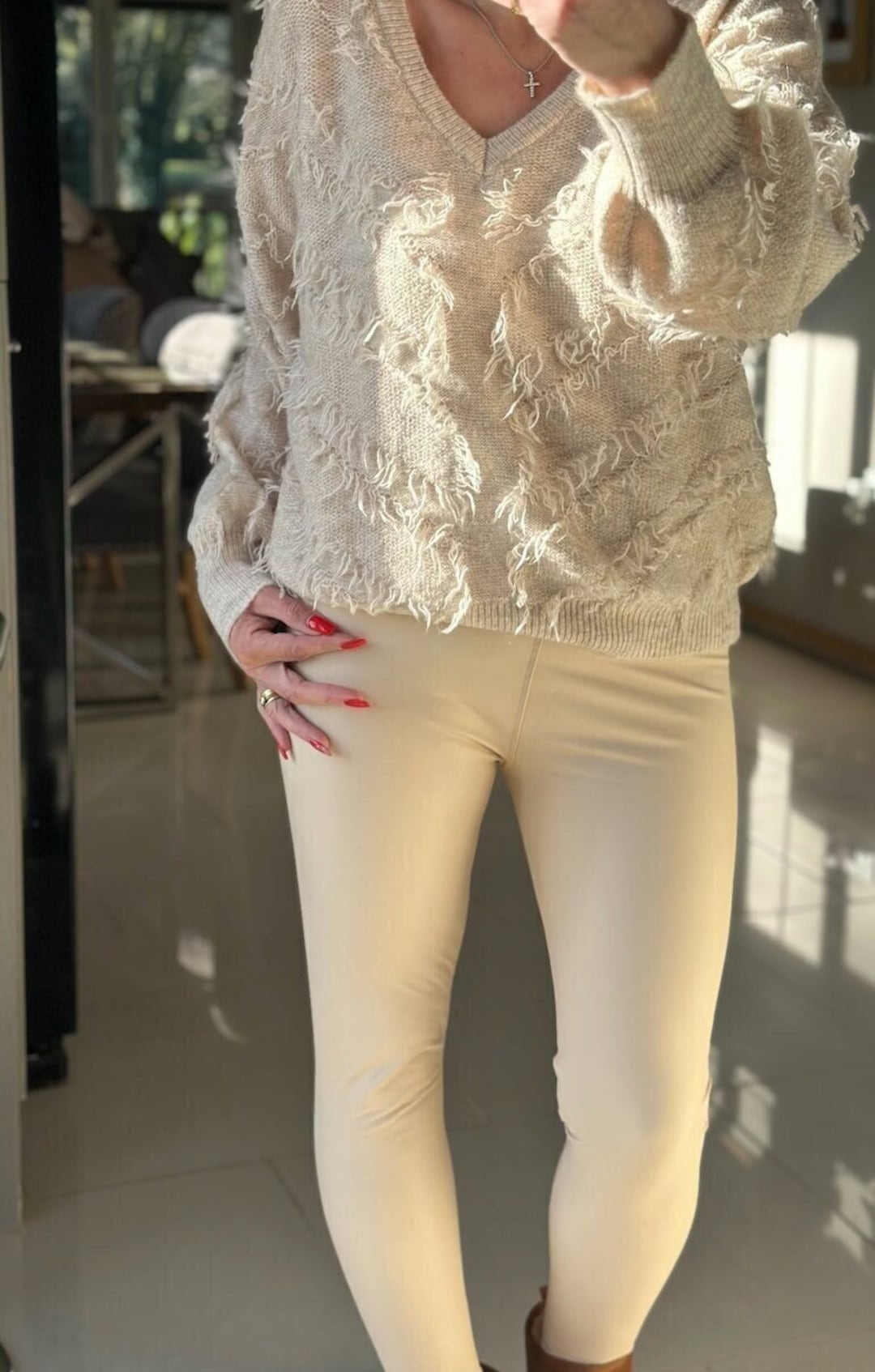 Made in Italy Cream Faux Leather Leggings, Trousers, Leggings