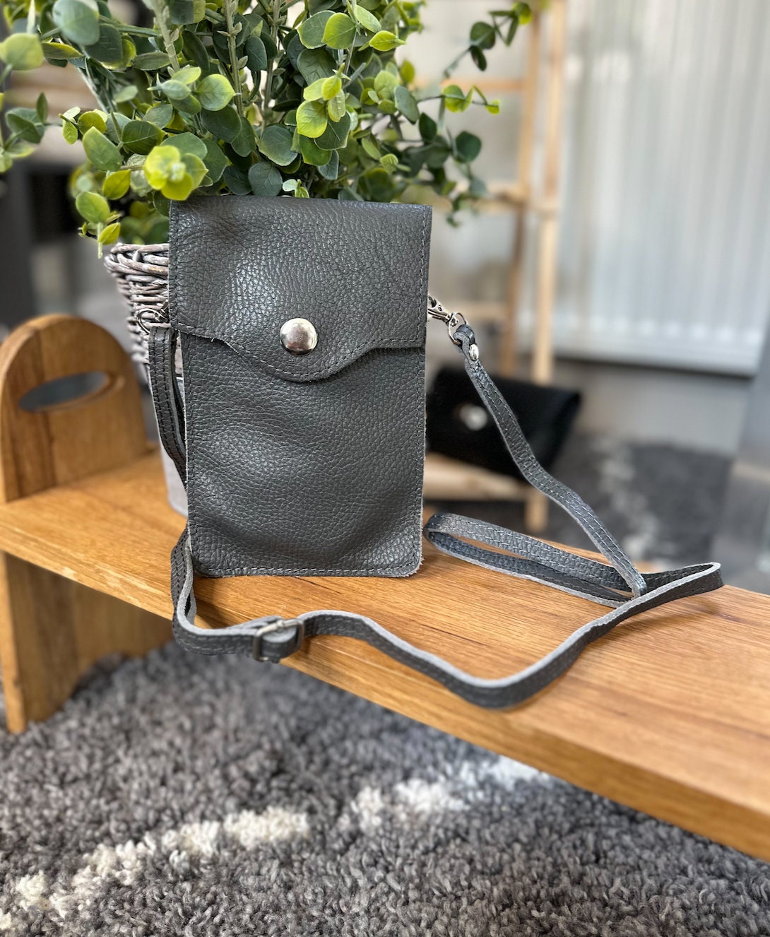 Grey/tan Genuine Leather Crossbody Phone Bag Minimalist Shoulder