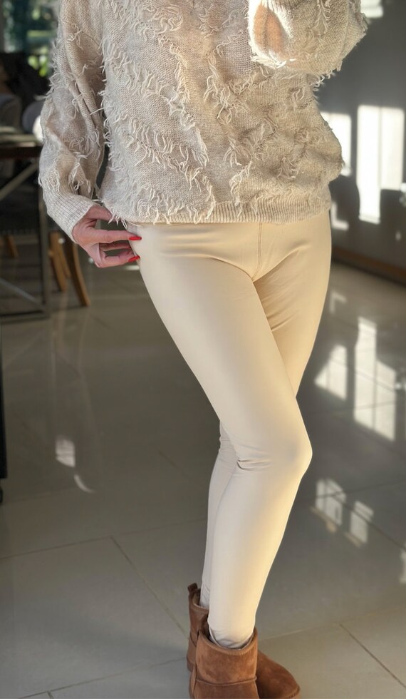 Made in Italy Cream Faux Leather Leggings, Trousers, Leggings 