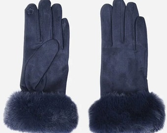 Marineblaue WildlederImitat Fellbesatz Handschuhe, Fäustlinge, One Size