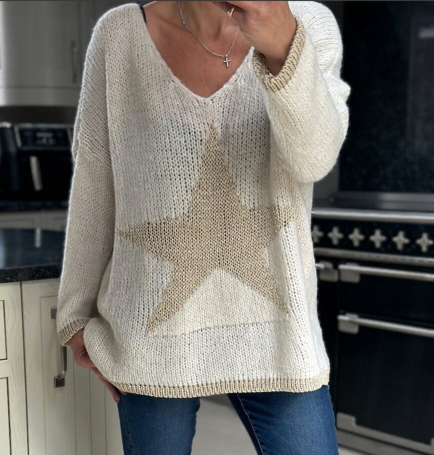 Made in Italy Cream and Gold V Neck Knitted Star Jumper Etsy Canada
