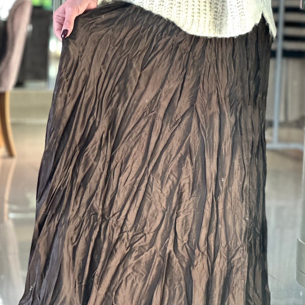 Made in Italy Brown Crinkle Skirt, Full Length Skirt, Silk Skirt