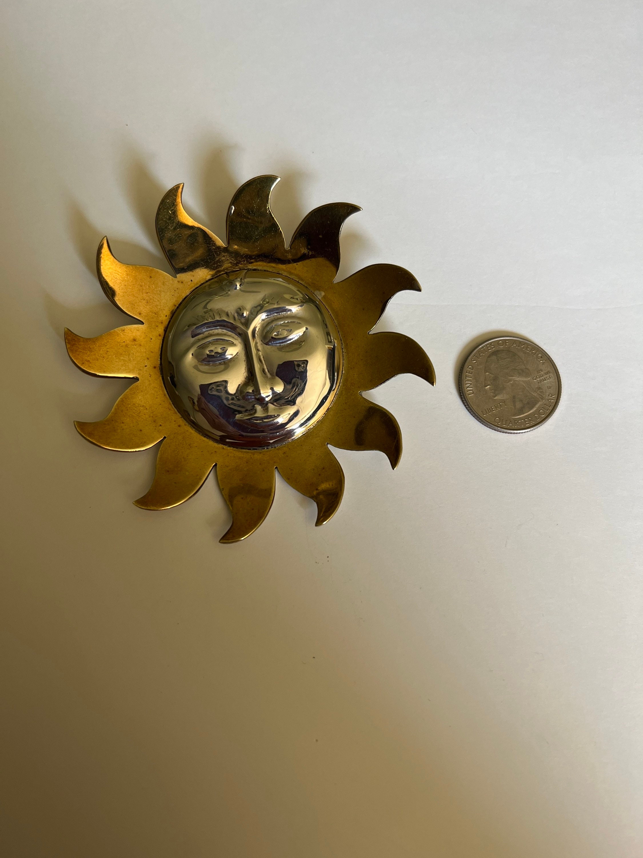 Sun Face Pin Vintage Large 925 Silver and Gold/brass Tone Sun Face Brooch Pin. - Etsy