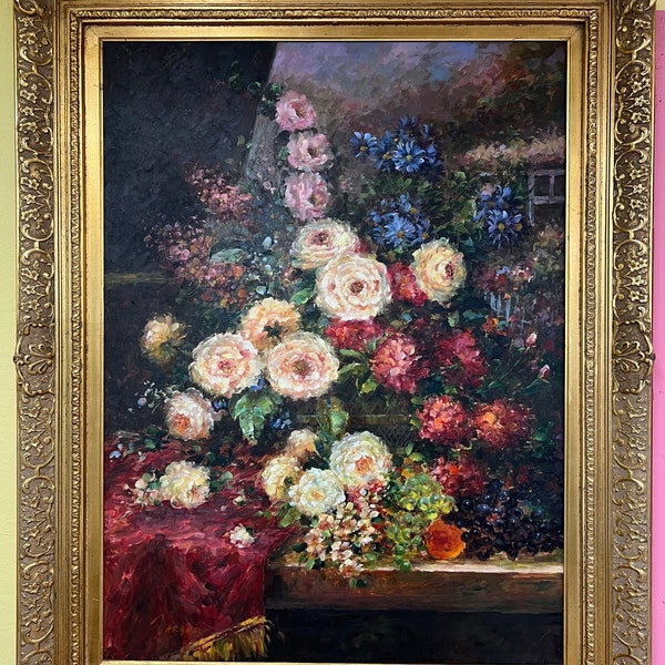 Beautiful large oil painting signed Vargas. Flowers Bouquet