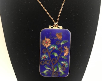 Vintage Robert Kuo Signed Flower and Butterfly Cloisonné Enamel Pendant on 12KT GF chain