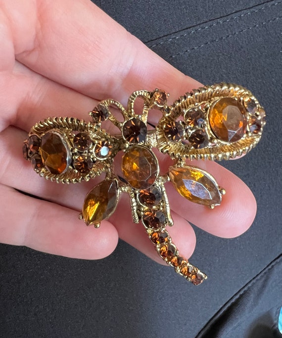 Vintage Dragonfly Amber topaz colored rhinestones… - image 5