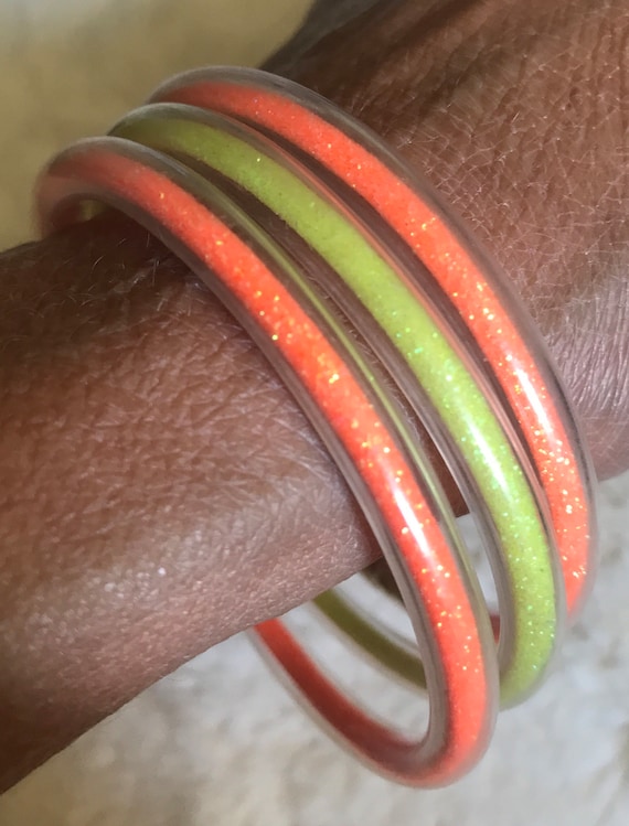 1980s Clear Stackable Glitter Bangle Bracelets (3… - image 1