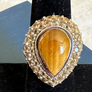 Large Sterling Silver 925 Tigers Eye and Citrine Stone Ring