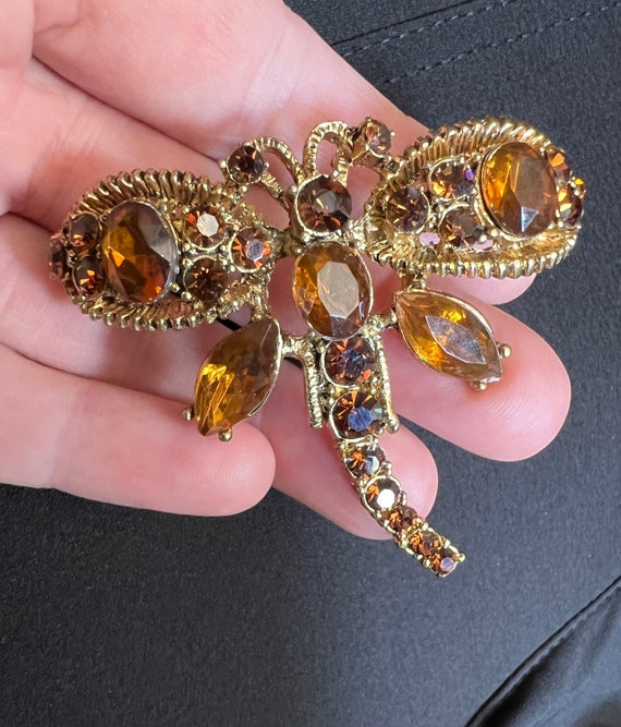 Vintage Dragonfly Amber topaz colored rhinestones… - image 4