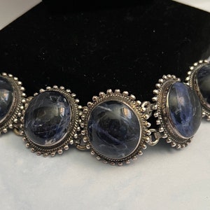 Vintage Heavy Black and Blue Veined Sodalite Mexico Sterling 950 signed Bracelet